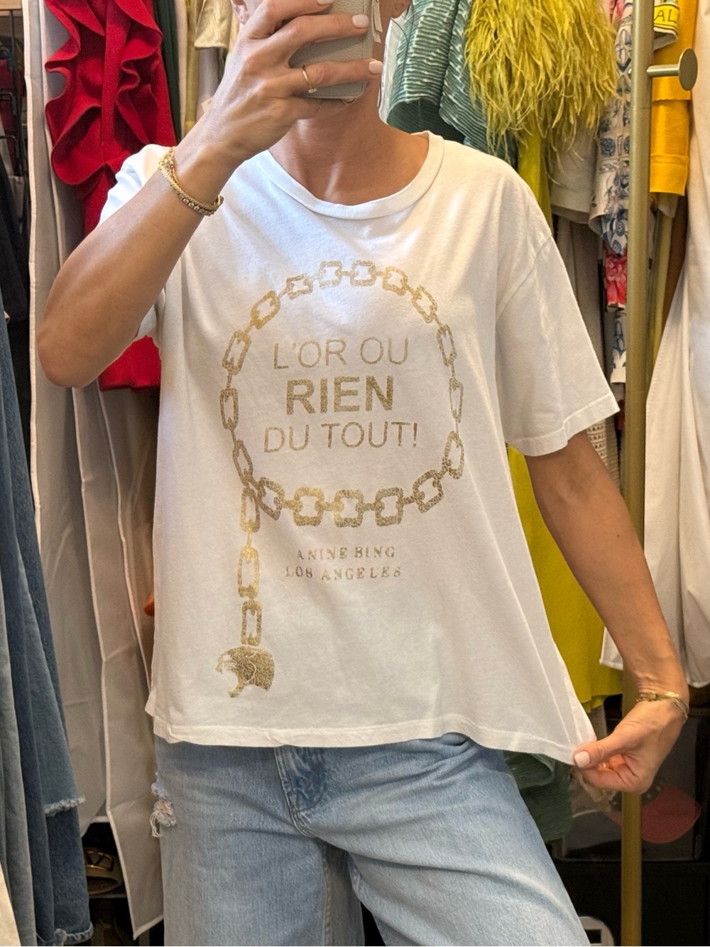 Anine Bing White Short-Sleeve Tee with Gold Chain Graphic